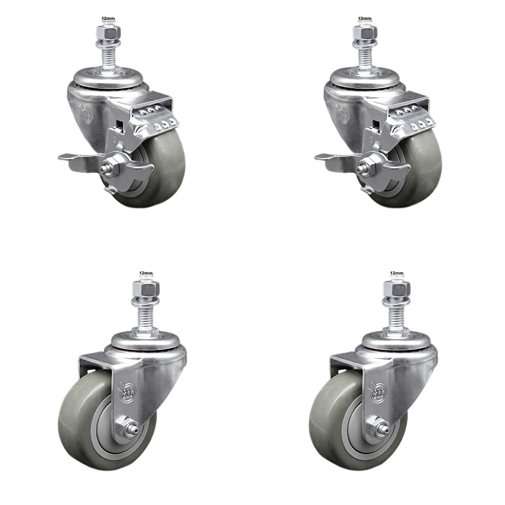 SCC-SSTS20S314-PPUB-TLB-M1215-2-S-2 Stainless Steel Polyurethane Swivel Threaded Stem Caster with 3 x 1.25 in. Gray Wheels & 12 mm Stems - Set of 4