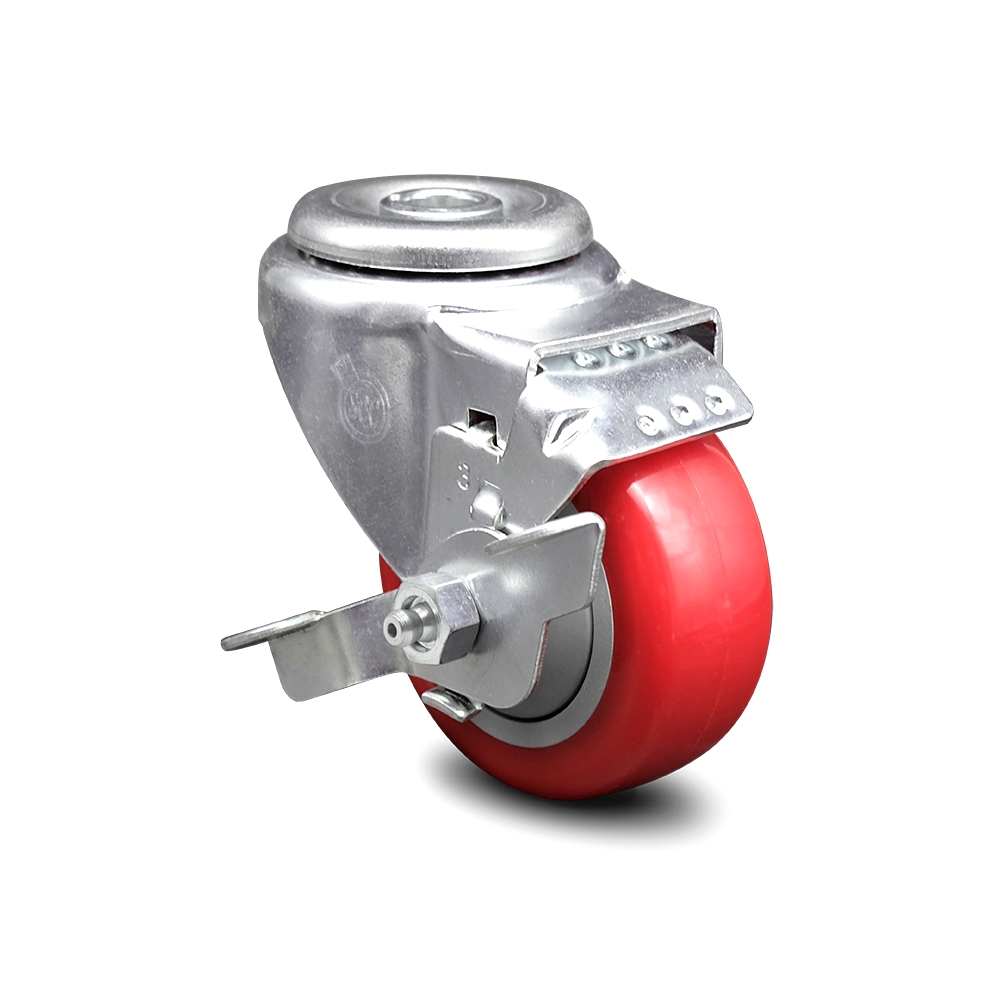 SCC-BH20S314-PPUB-RED-TLB Polyurethane Swivel Bolt Hole Caster with 3 x 1.25 in. Red Wheel & Top Locking Brake