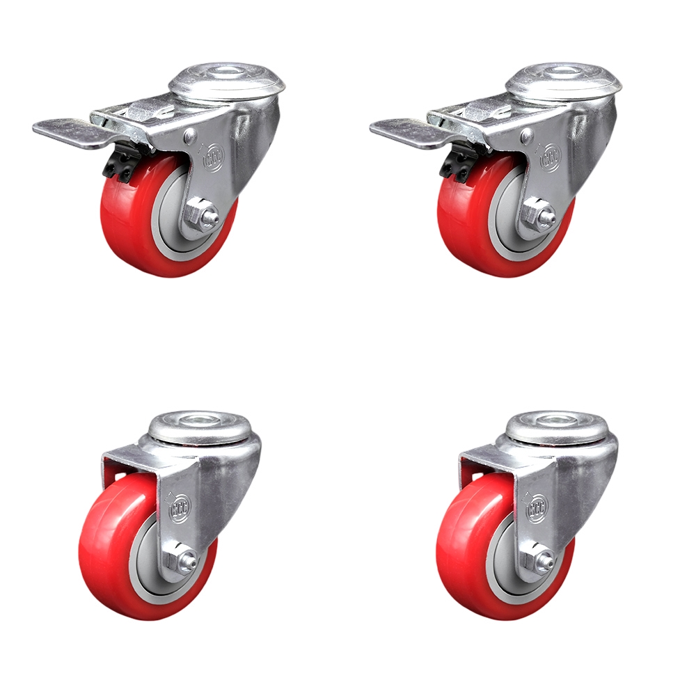 SCC-SSBHTTL20S314-PPUB-RED-2-S-2 Stainless Steel Polyurethane Swivel Bolt Hole Caster with 3 x 1.25 in. Red Wheels - Set of 4