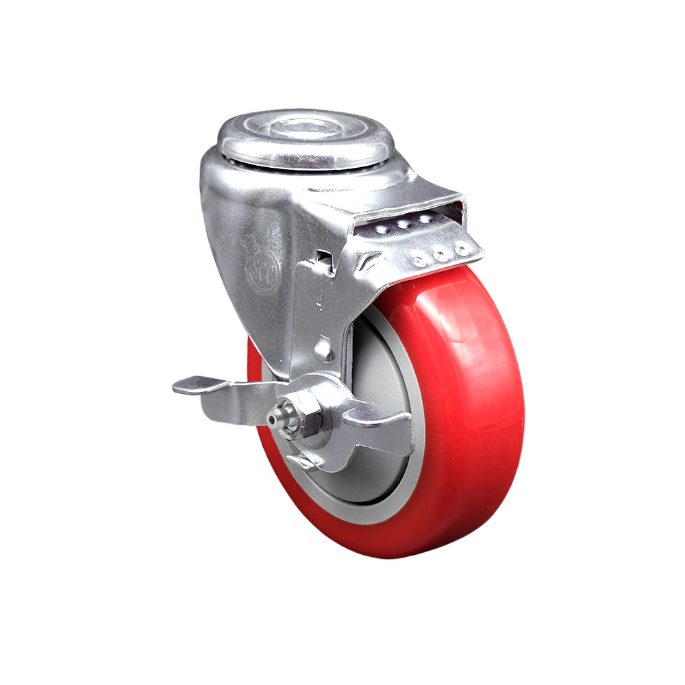 SCC-SSBH20S414-PPUB-RED-TLB Stainless Steel Polyurethane Swivel Bolt Hole Caster with 4 x 1.25 in. Red Wheel & Top Locking Brake