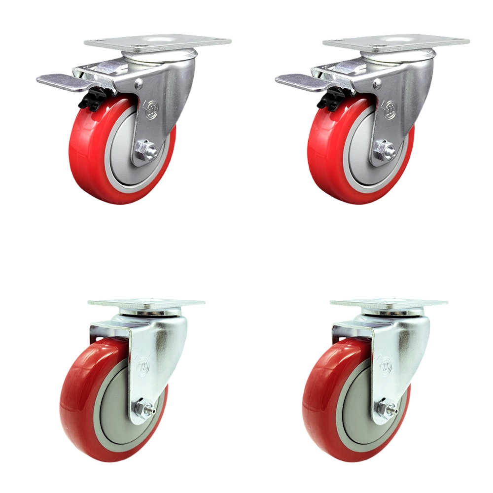 SCC-TTL20S414-PPUB-RED-2-S-2 Polyurethane Swivel Top Plate Caster with 4 in. Red Wheels - Set of 4