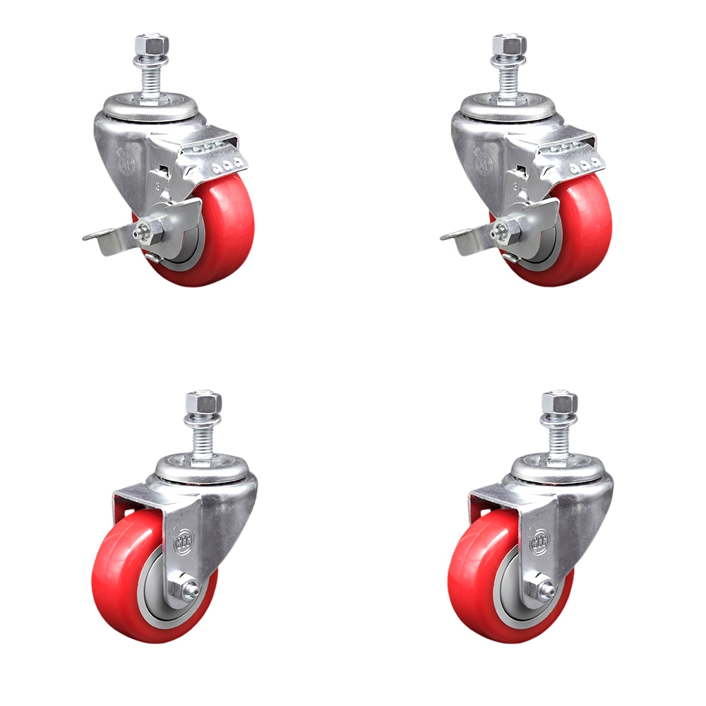 SCC-TS20S3514-PPUB-RED-TLB-121315-2-S-2 Polyurethane Swivel Threaded Stem Caster with 3.5 x 1.25 in. Red Wheels & 0.5 in. Stems - Set of 4