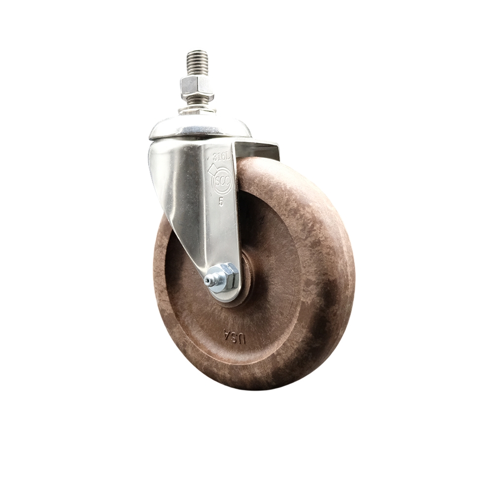 High Temperature Glass Filled Nylon Swivel Stem Caster with 5 in. Brown Caster Wheel, 10 mm Threaded Stem - 316 Stainless Steel Caster