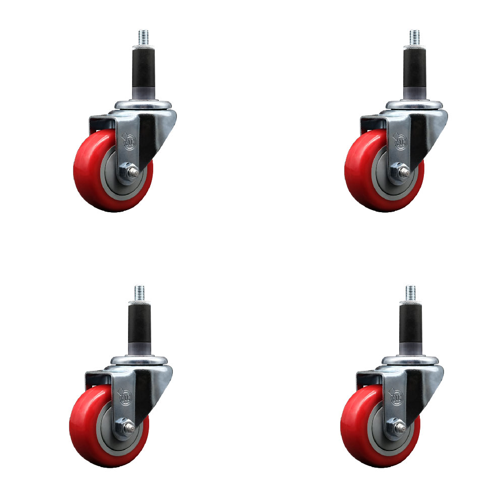 SCC-EX20S314-PPUB-RED-118-4 Polyurethane Swivel Expanding Stem Caster with 3 in. Red Wheels & 1.13 in. Stems - Set of 4