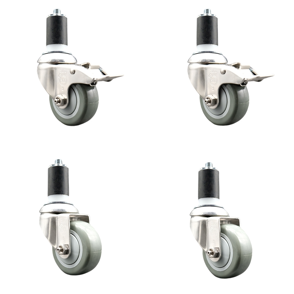 Polyurethane Swivel Stem Caster with 3 in. Gray Caster Wheels, 1.5 in. Expanding Stem - 316 Stainless Steel Casters - Set of 4