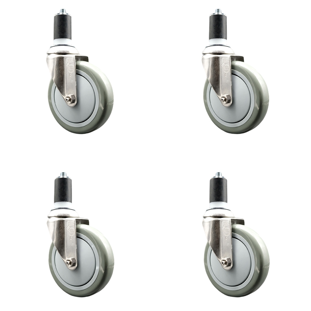 Polyurethane Swivel Stem Caster with 5 in. Gray Caster Wheels, 1.5 in. Expanding Stems - 316 Stainless Steel Casters - Set of 4
