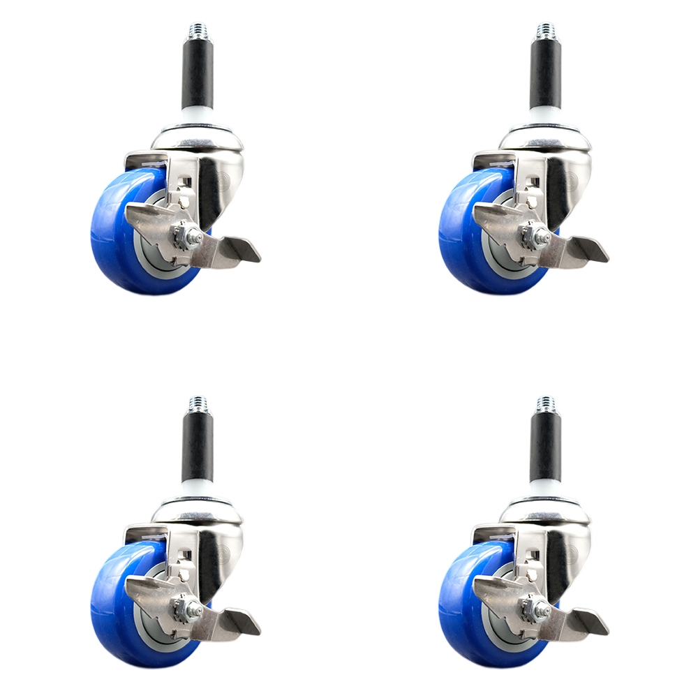 Polyurethane Swivel Stem Caster with 3.5 in. Blue Caster Wheels, 0.75 in. Expanding Stems - 316 Stainless Steel Casters - Set of 4