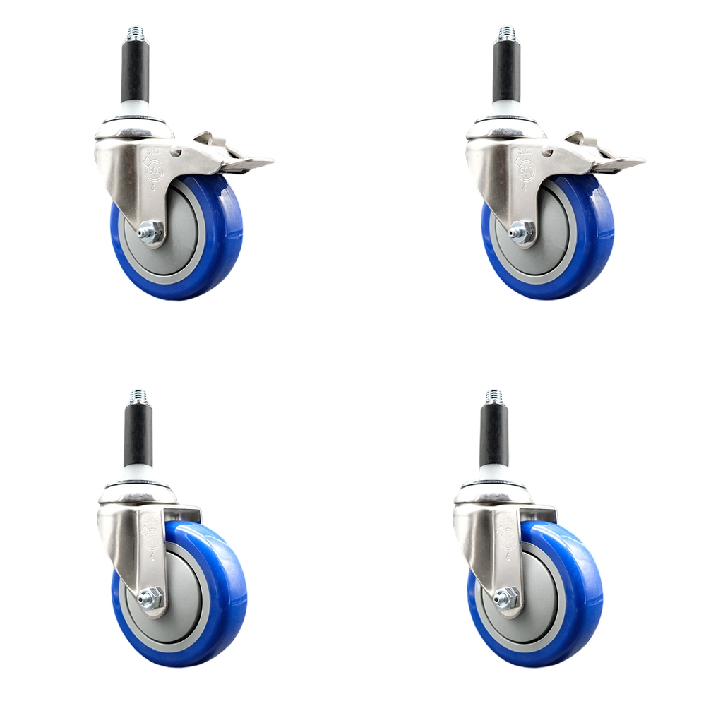 Polyurethane Swivel Stem Caster with 4 in. Blue Caster Wheels, 0.75 in. Expanding Stem - 316 Stainless Steel Casters - Set of 4