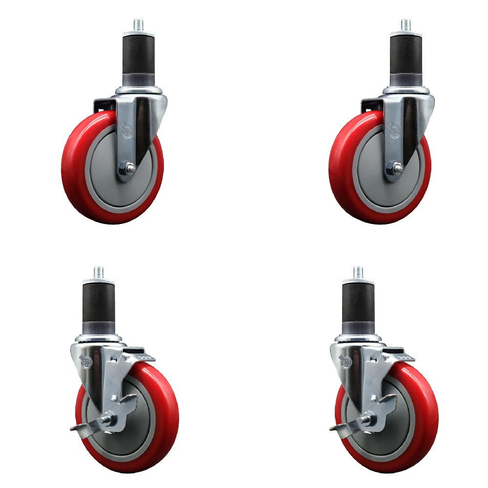 SCC-EX20S514-PPUB-RED-2-TLB-2-158 Polyurethane Swivel Expanding Stem Caster with 5 in. Red Wheels & 1.63 in. Stems - Set of 4