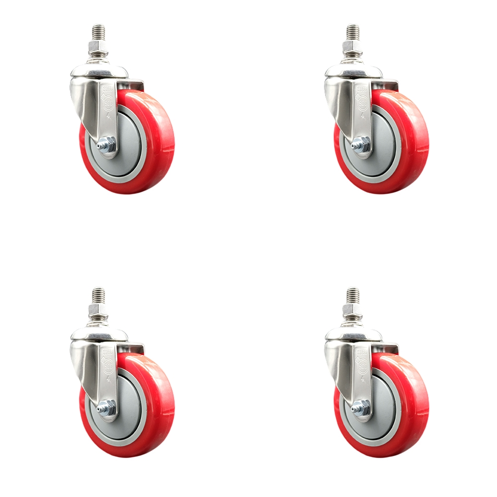 Polyurethane Swivel Stem Caster with 4 in. Red Caster Wheels, 10 mm Threaded Stems - 316 Stainless Steel Casters - Set of 4