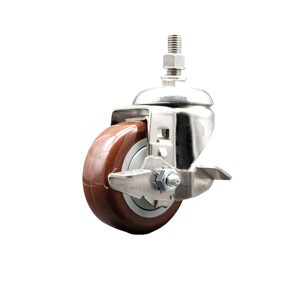 Polyurethane Swivel Stem Caster with 3 in. Maroon Caster Wheels & Top Lock Brake, 0.5 in. Threaded Stem - 316 Stainless Steel Caster