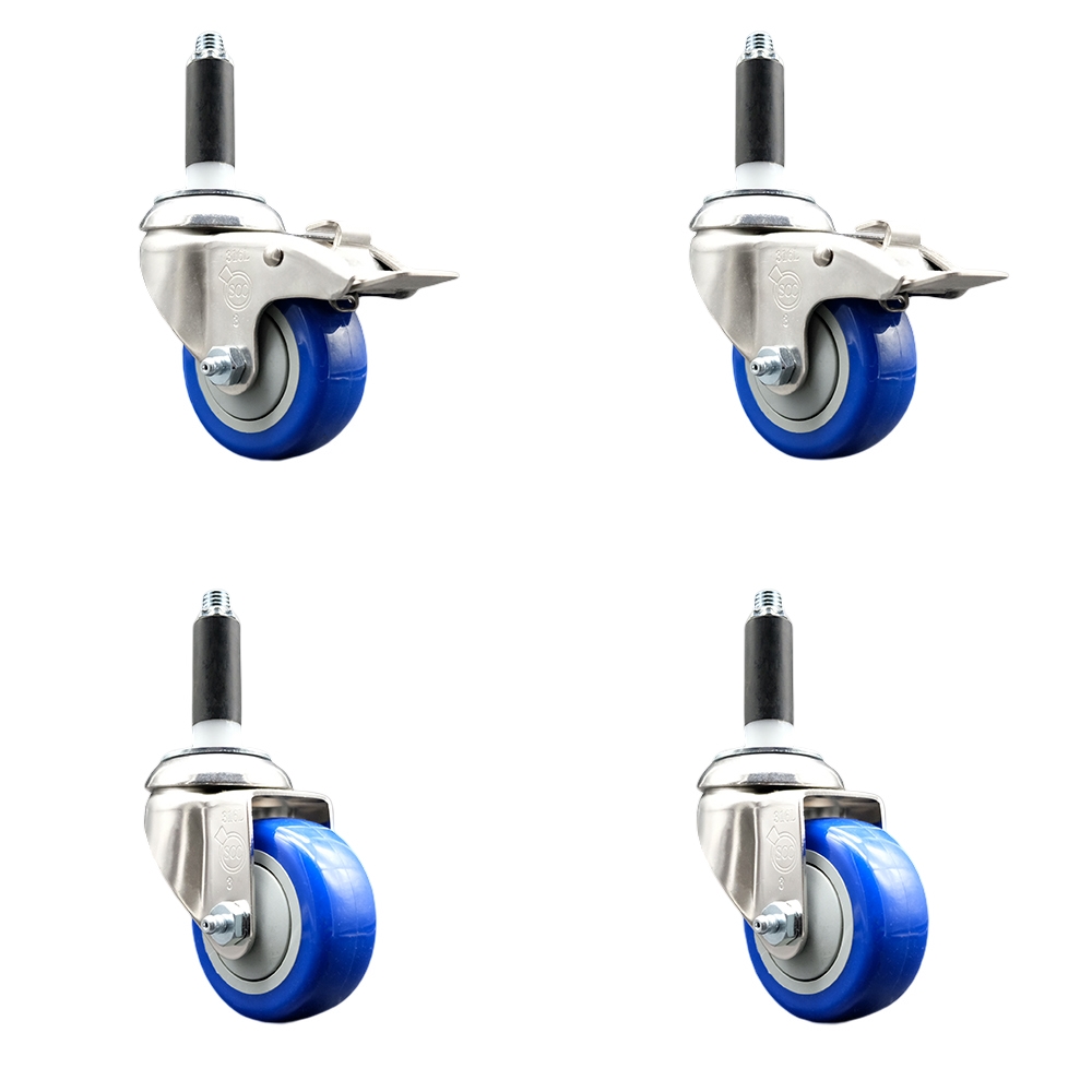 Polyurethane Swivel Stem Caster with 3 in. Blue Caster Wheels, 0.87 in. Expanding Stem - 316 Stainless Steel Casters - Set of 4