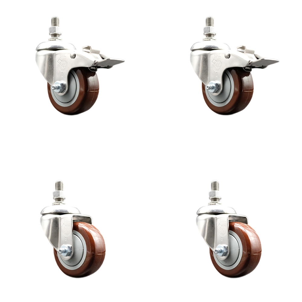 Poly Swivel Stem Caster with 3.5 in. Maroon Caster Wheels, 0.5 in. Threaded Stems - 316 Stainless Steel Casters - Set of 4