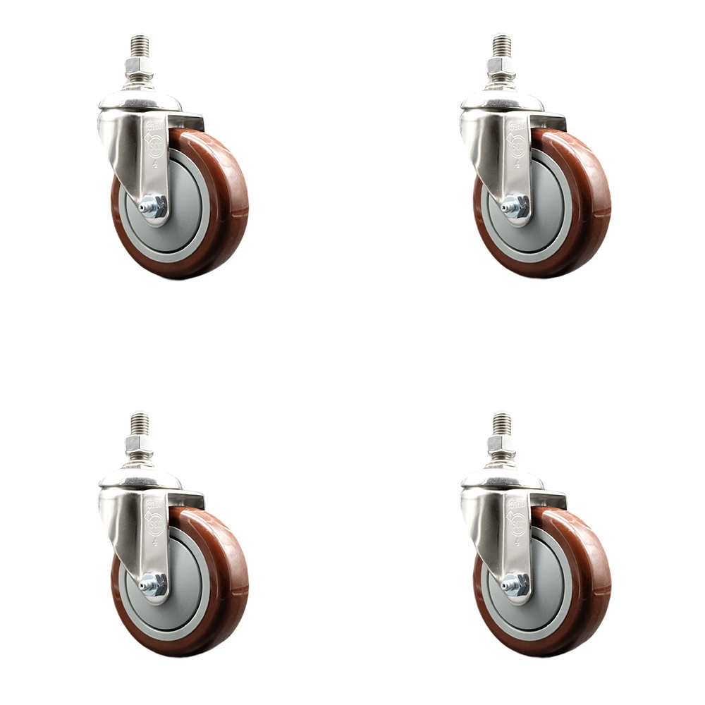 Polyurethane Swivel Stem Caster with 4 in. Maroon Caster Wheels, 0.5 in. Threaded Stems - 316 Stainless Steel Casters - Set of 4