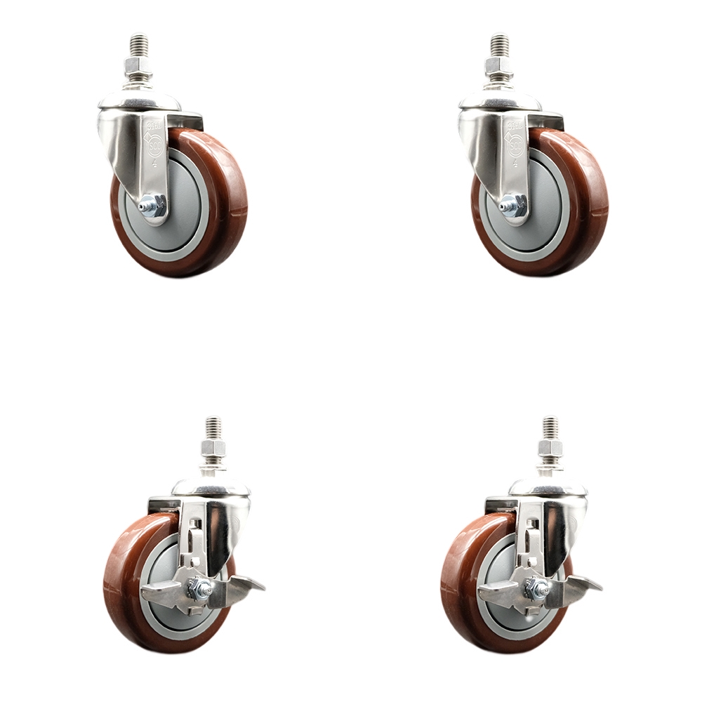Poly Swivel Stem Caster with 4 in. Maroon Caster Wheels, 0.5 in. Threaded Stems - 316 Stainless Steel Casters - Set of 4