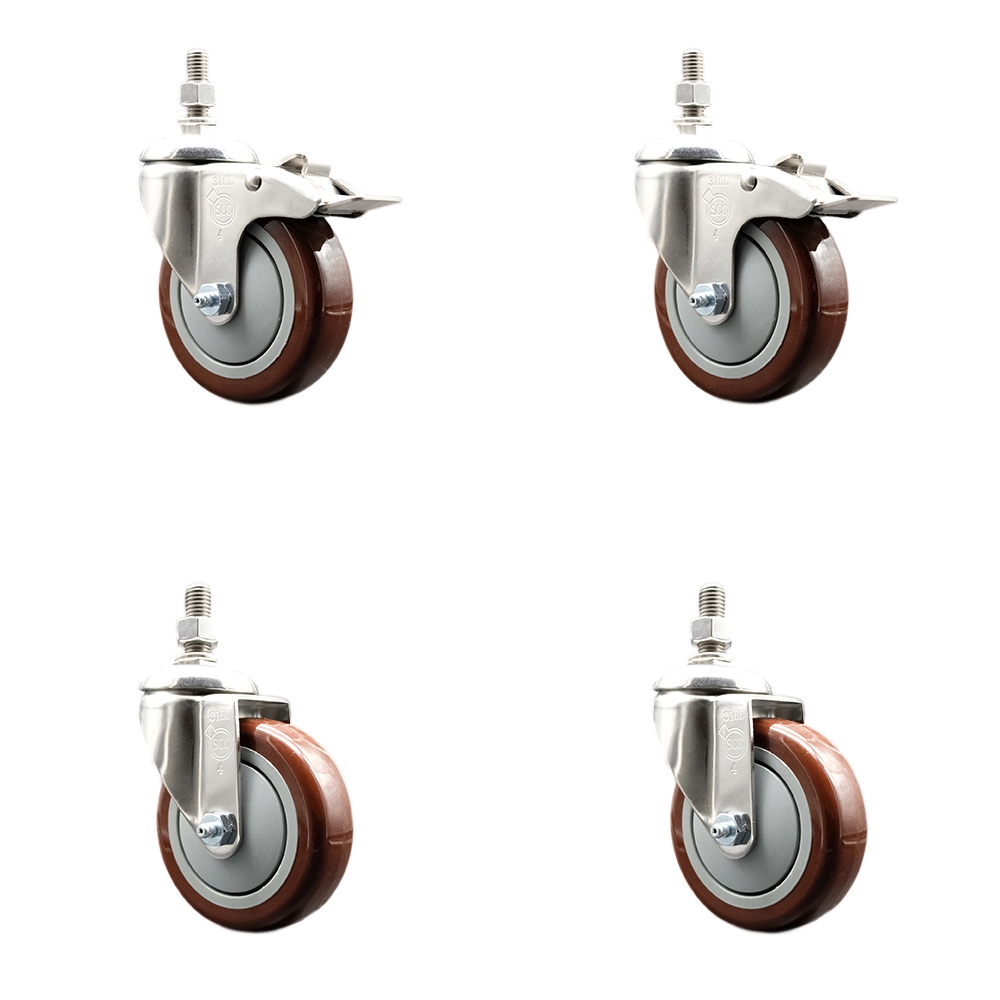 Poly Swivel Stem Caster with 4 in. Maroon Caster Wheels, 0.5 in. Threaded Stems - 316 Stainless Steel Casters - Set of 4
