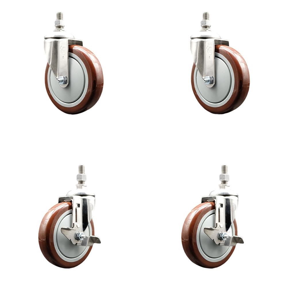 Poly Swivel Stem Caster with 5 in. Maroon Caster Wheels, 0.5 in. Threaded Stems - 316 Stainless Steel Casters - Set of 4
