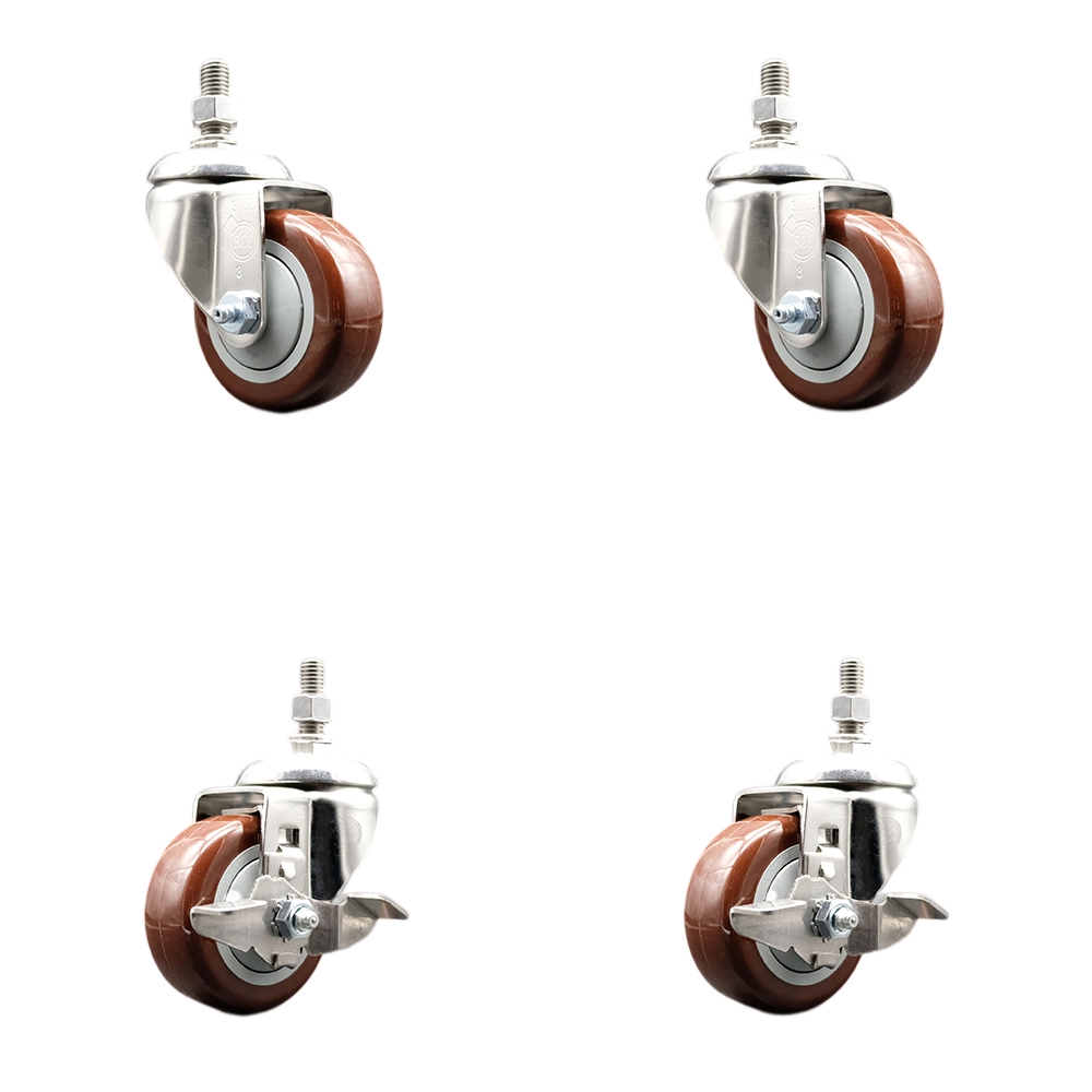Poly Swivel Stem Caster with 3 in. Maroon Caster Wheels, 0.38 in. Threaded Stems - 316 Stainless Steel Casters - Set of 4