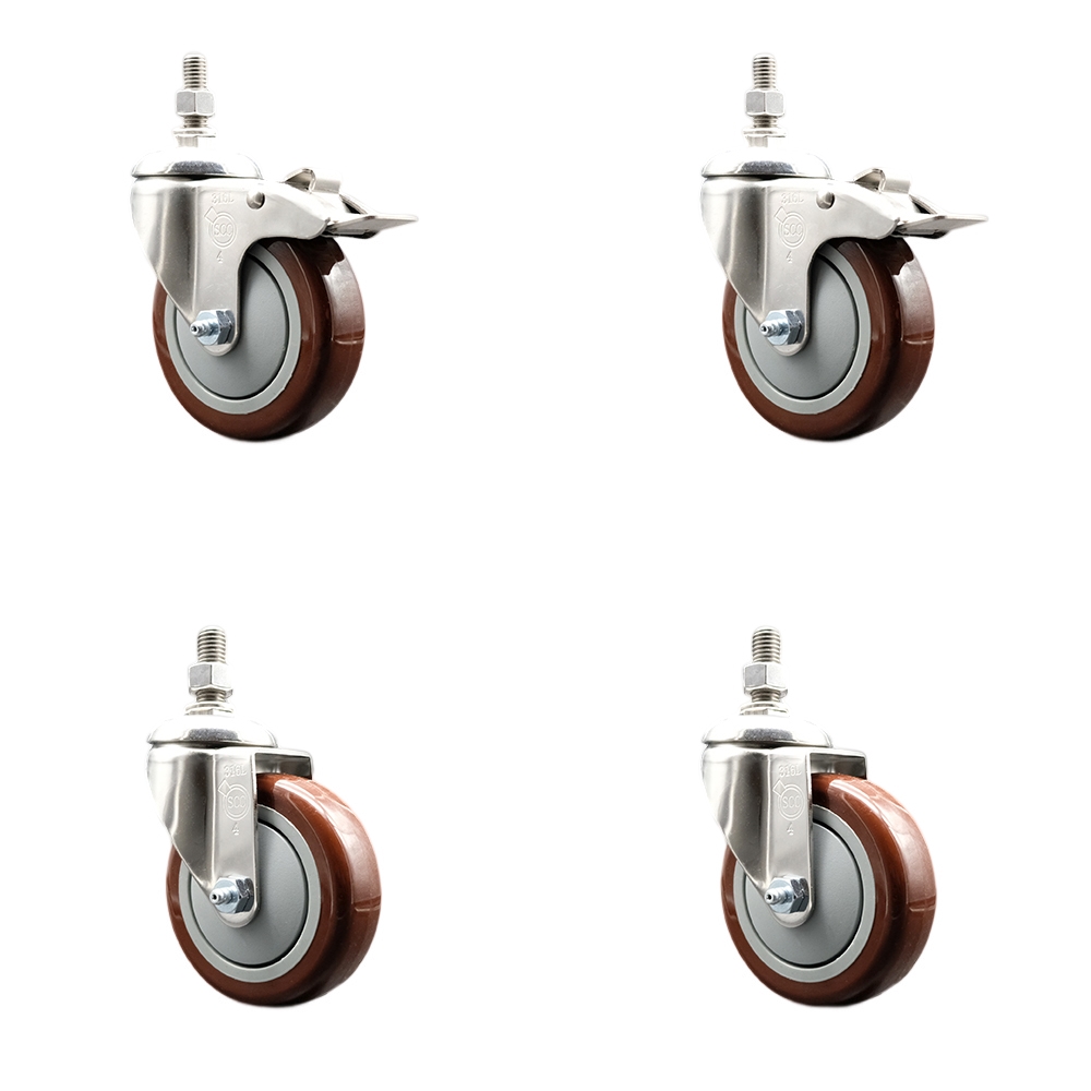 Poly Swivel Stem Caster with 4 in. Maroon Caster Wheels, 0.38 in. Threaded Stems - 316 Stainless Steel Casters - Set of 4