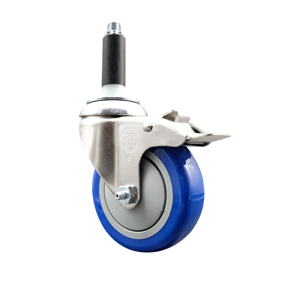 Polyurethane Swivel Stem Caster with 4 in. Blue Caster Wheels & Total Lock Brake, 0.87 in. Expanding Stem - 316 Stainless Steel Caster