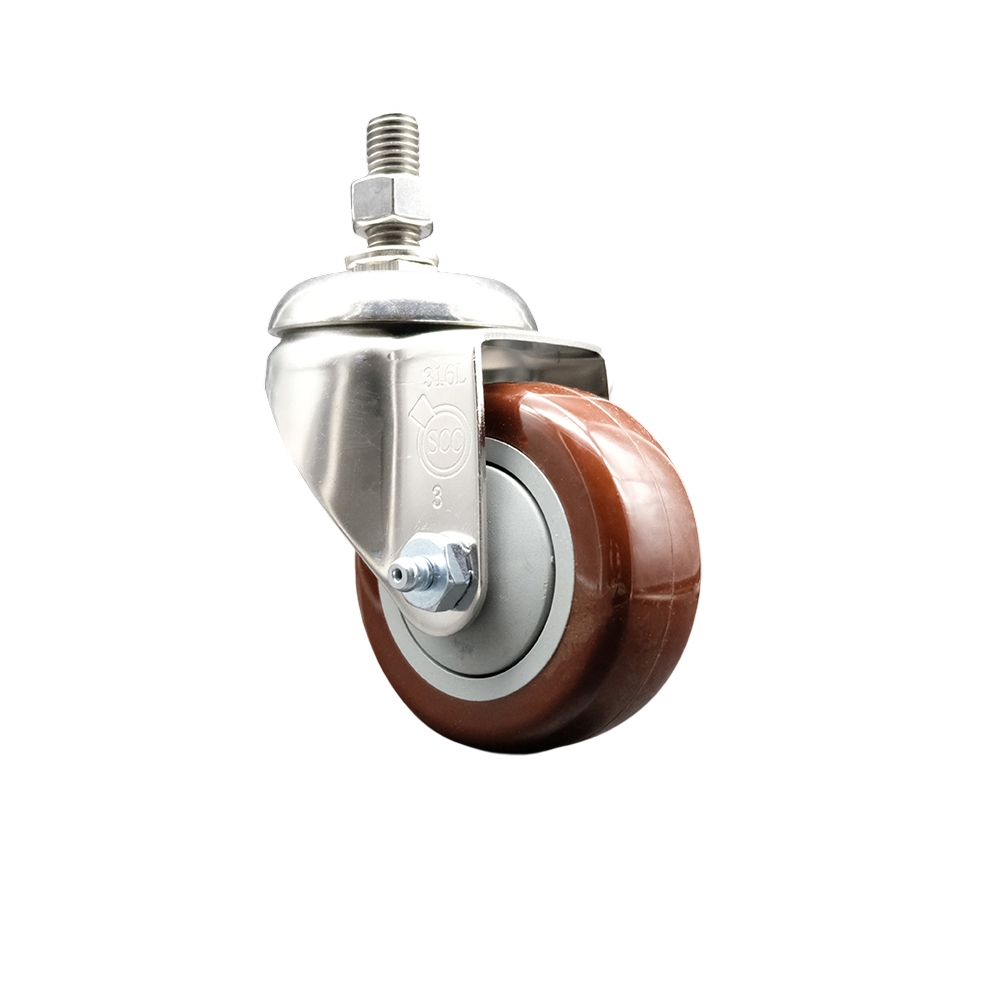 Polyurethane Swivel Stem Caster with 3.5 in. Maroon Caster Wheels, 10 mm Threaded Stem - 316 Stainless Steel Caster