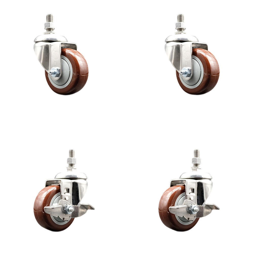 Poly Swivel Stem Caster with 3.5 in. Maroon Caster Wheels, 10 mm Threaded Stems - 316 Stainless Steel Caster - Set of 4