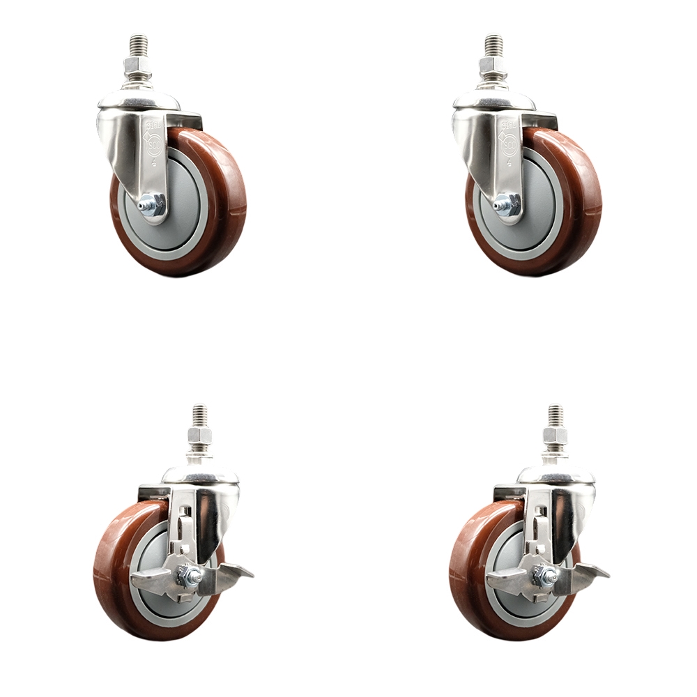 Poly Swivel Stem Caster with 4 in. Maroon Caster Wheels, 12 mm Threaded Stems - 316 Stainless Steel Casters - Set of 4