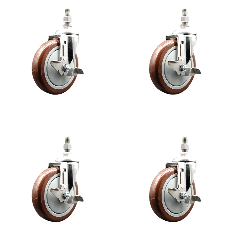 Polyurethane Swivel Stem Caster with 5 in. Maroon Caster Wheels, 12 mm Threaded Stems - 316 Stainless Steel Casters - Set of 4