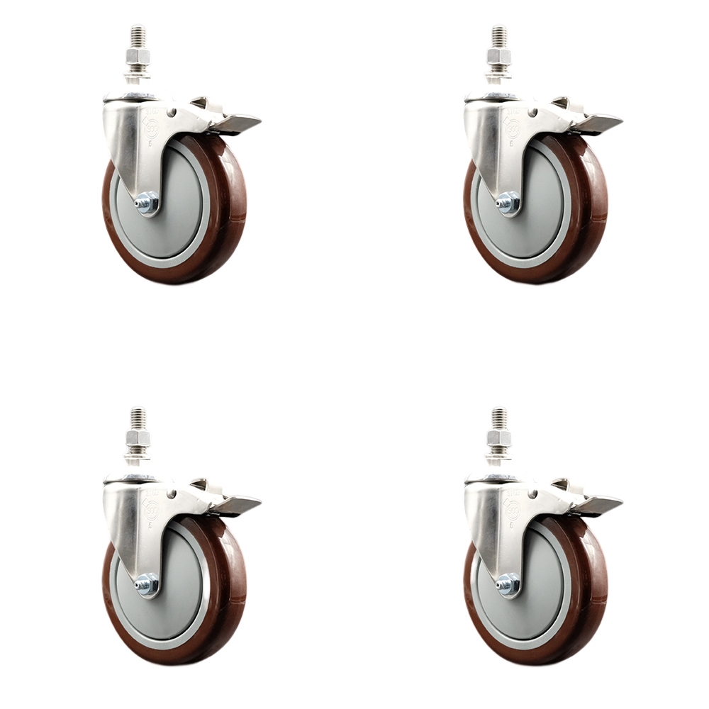 Polyurethane Swivel Stem Caster with 5 in. Maroon Caster Wheels, 12 mm Threaded Stems - 316 Stainless Steel Casters - Set of 4