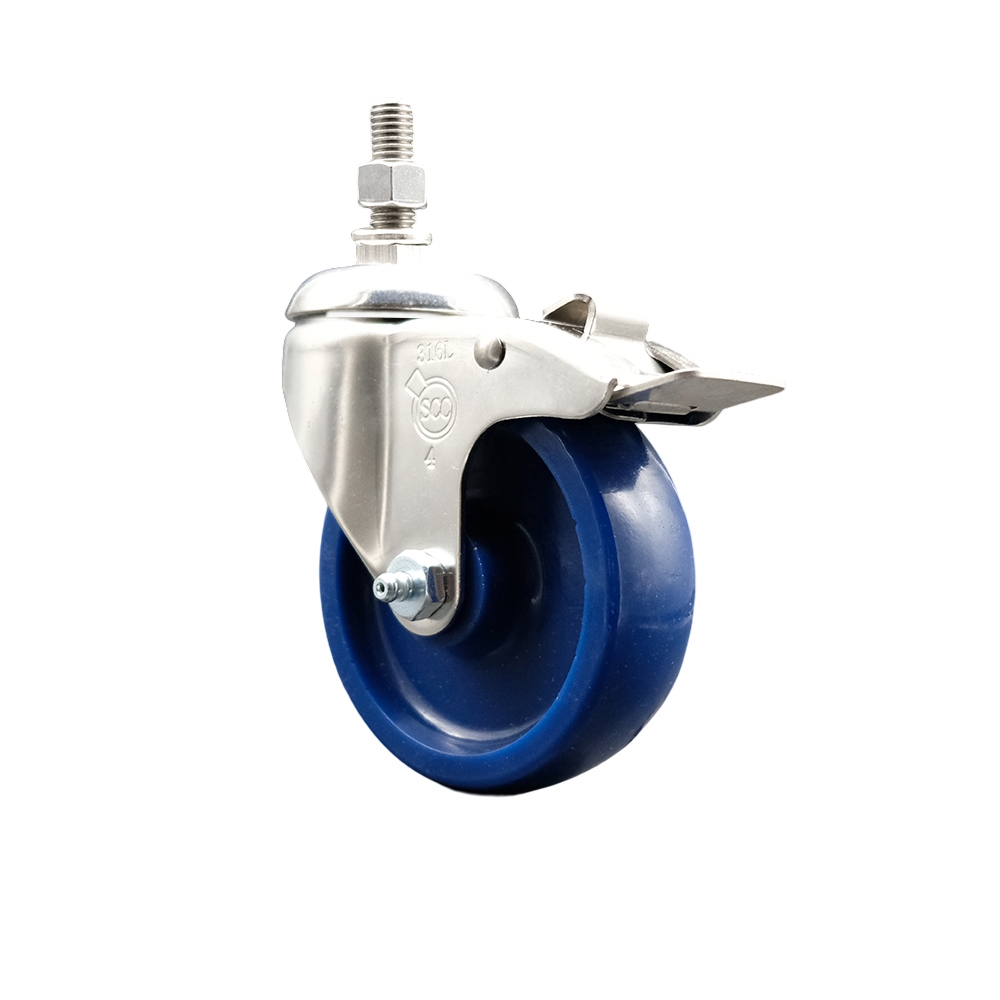 Solid Polyurethane Swivel Stem Caster with 4 in. Blue Caster Wheels & Total Lock Brake, 0.5 in. Threaded Stem - 316 Stainless Steel Caster
