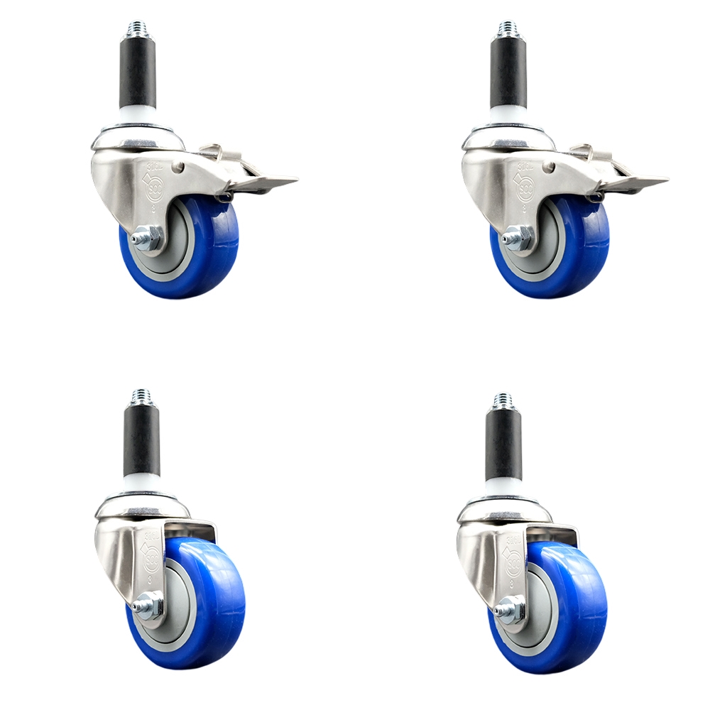 Polyurethane Swivel Stem Caster with 3.5 in. Blue Caster Wheels, 1 in. Expanding Stem - 316 Stainless Steel Casters - Set of 4