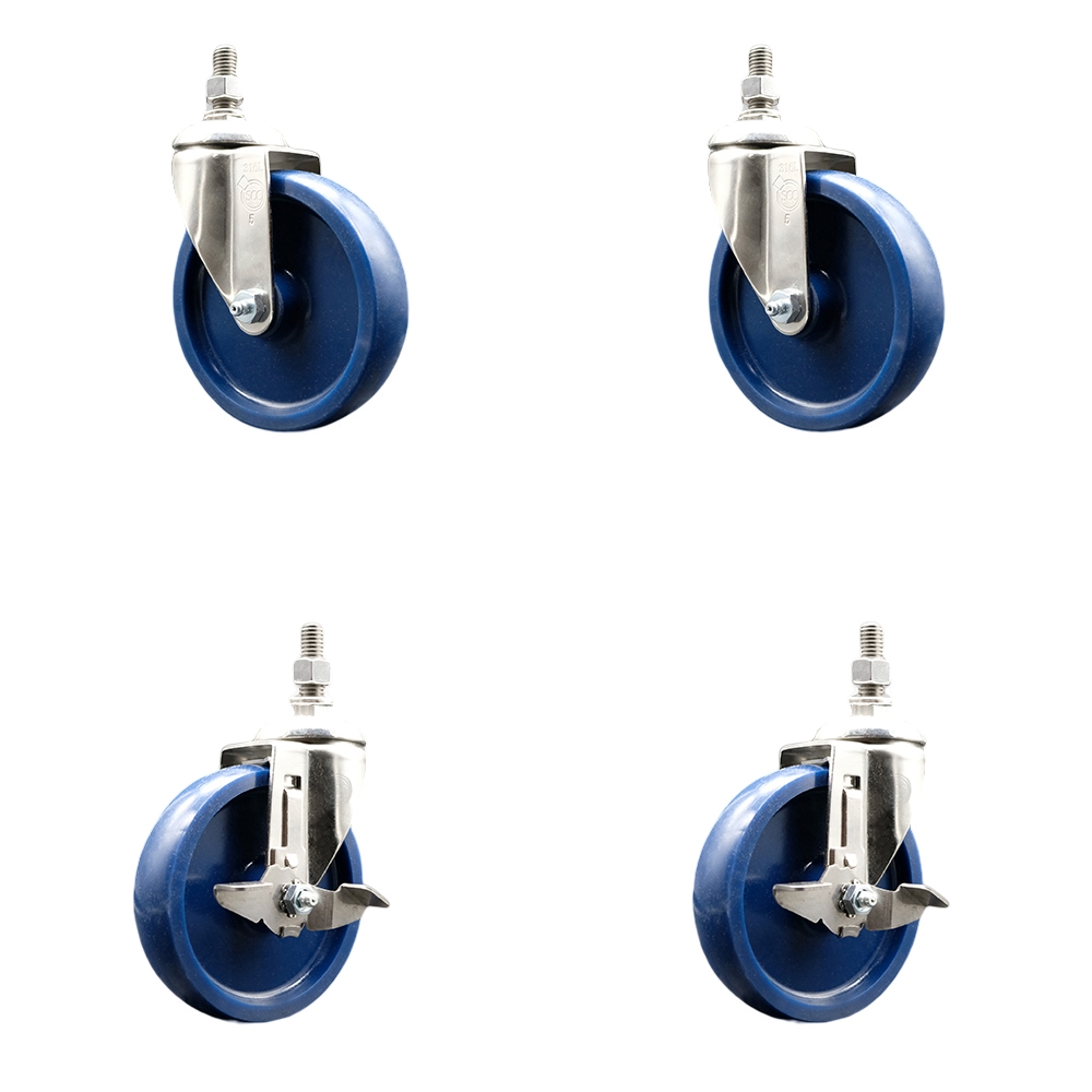 Solid Poly Swivel Stem Caster with 5 in. Caster Wheels, 0.38 in. Threaded Stems - 316 Stainless Steel Casters - Set of 4