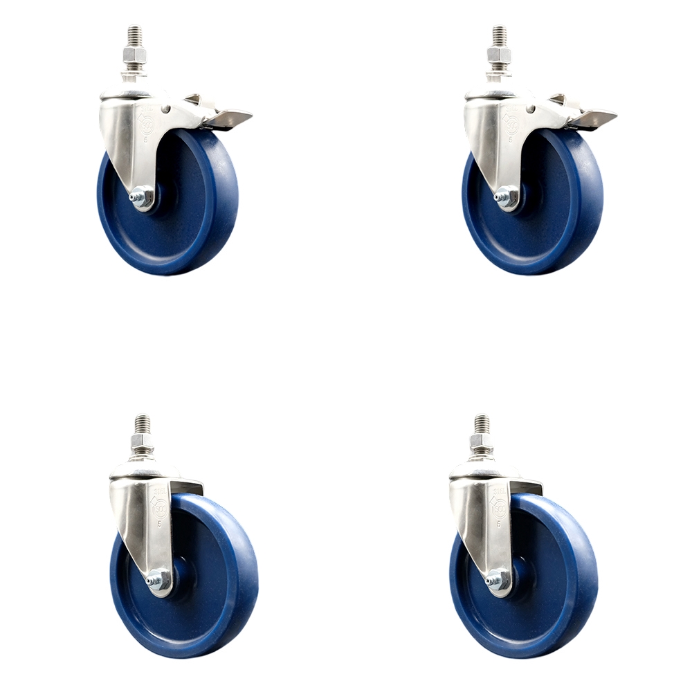 Solid Poly Swivel Stem Caster with 5 in. Caster Wheels, 0.38 in. Threaded Stems - 316 Stainless Steel Casters - Set of 4