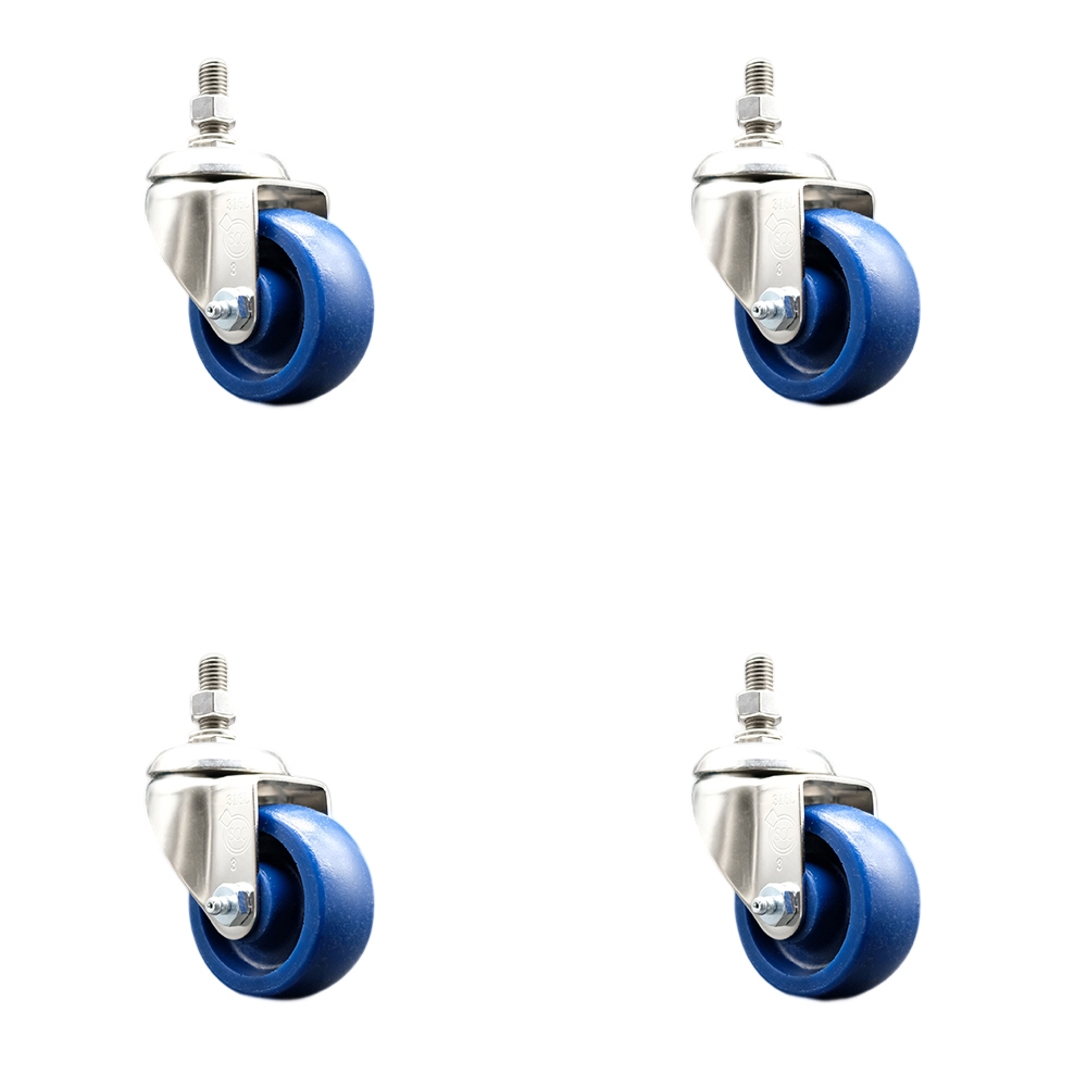 Solid Polyurethane Swivel Stem Caster with 3 in. Caster Wheels, 12 mm Threaded Stems - 316 Stainless Steel Casters - Set of 4