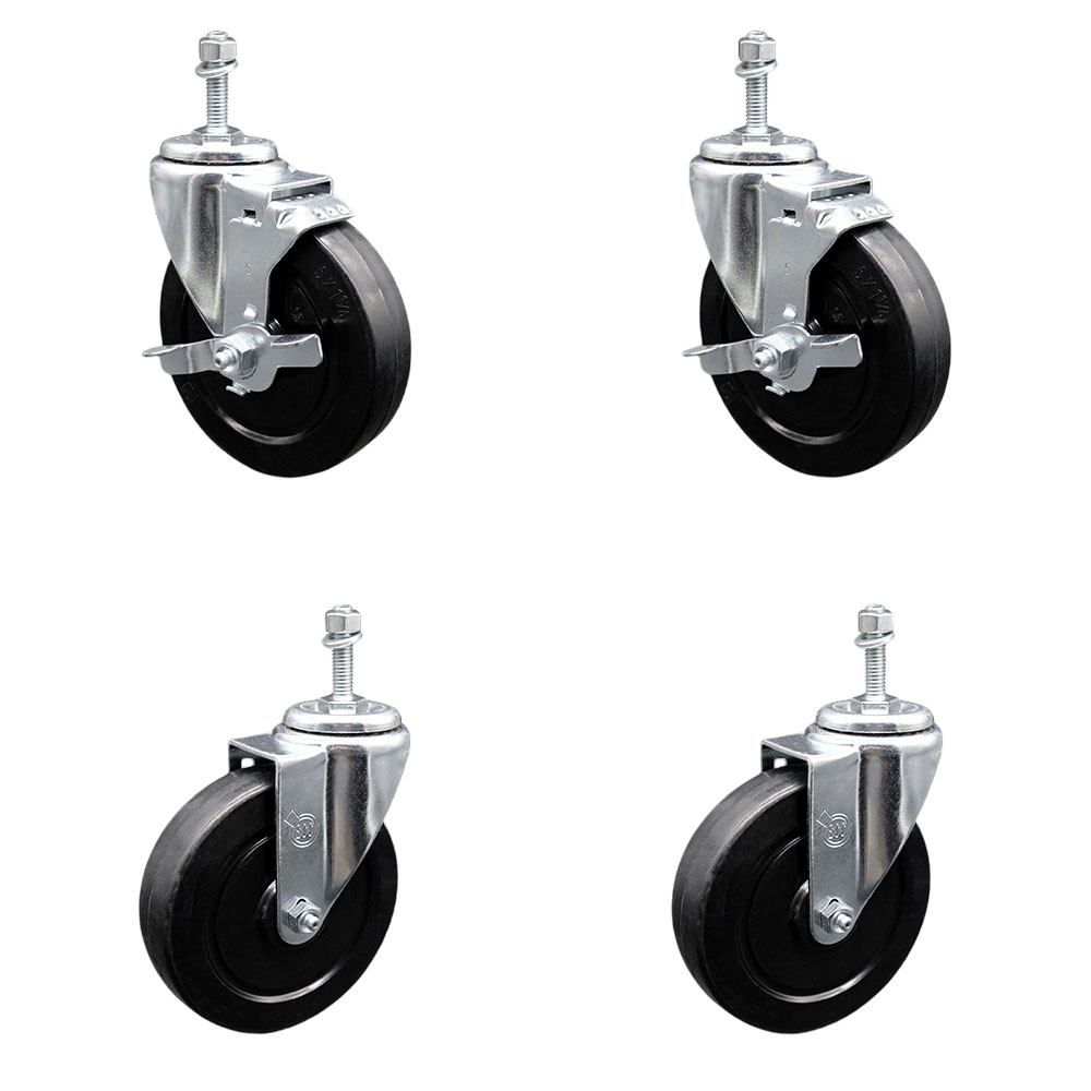 SCC-TS20S514-SRS-381615-2-TLB-2 Soft Rubber Swivel Threaded Stem Caster with 5 x 1.25 in. Black Wheels & 0.38 in. Stems - Set of 4