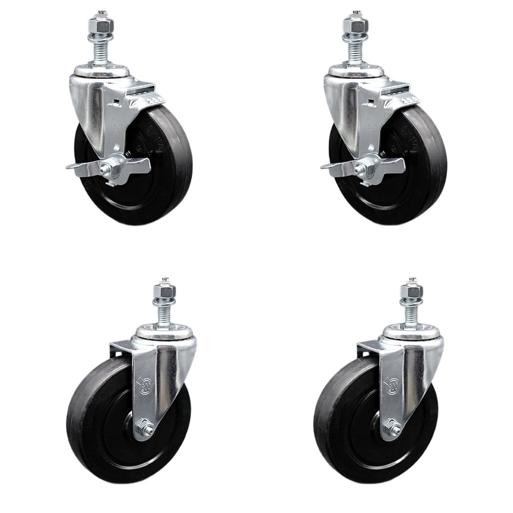 SCC-SSTS20S514-SRS-121315-2-TLB-2 Stainless Steel Soft Rubber Swivel Threaded Stem Caster with 5 x 1.25 in. Black Wheels & 0.5 in. Stems - Set of 4