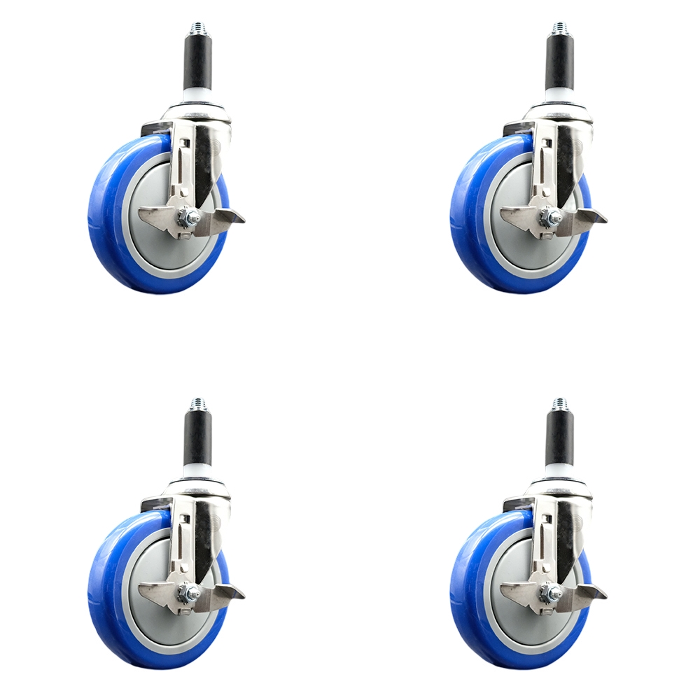 Polyurethane Swivel Stem Caster with 5 in. Blue Caster Wheels, 1 in. Expanding Stems - 316 Stainless Steel Casters - Set of 4
