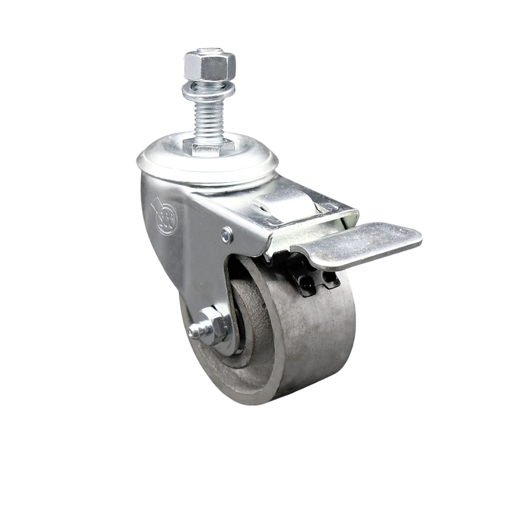 Semi Steel Cast Iron Swivel Threaded Stem Caster with Roller Bearing 3 x 1.5 in. Silver Wheel & 0.5 in. Stem & Total Locking Brake