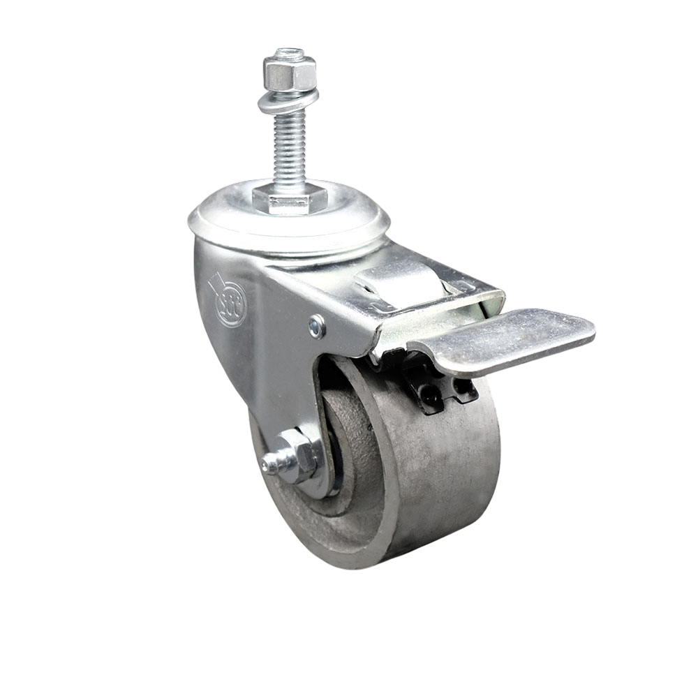 Semi Steel Cast Iron Swivel Threaded Stem Caster with Roller Bearing 3 x 1.5 in. Silver Wheel & 10 mm Stem & Total Locking Brake