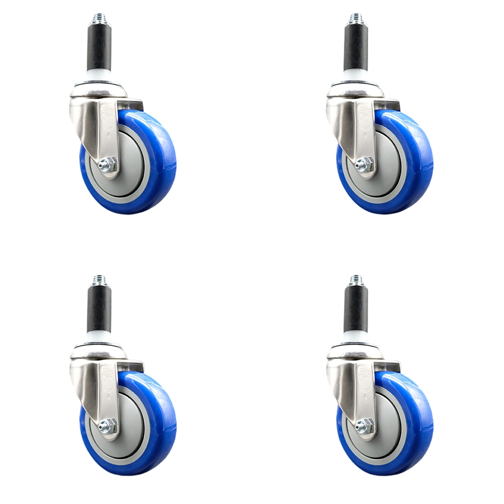 Polyurethane Swivel Stem Caster with 4 in. Blue Caster Wheels, 1.13 in. Expanding Stems - 316 Stainless Steel Casters - Set of 4