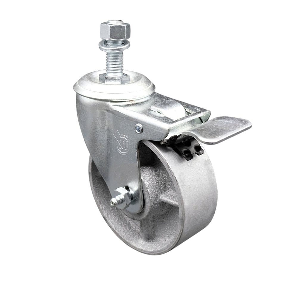 Semi Steel Cast Iron Swivel Threaded Stem Caster with Roller Bearing 4 x 1.5 in. Silver Wheel & 0.5 in. Stem & Total Locking Brake