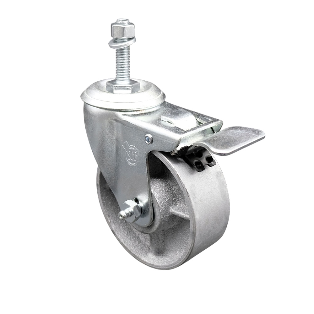Semi Steel Cast Iron Swivel Threaded Stem Caster with Roller Bearing 4 x 1.5 in. Silver Wheel & 0.38 in. Stem & Total Locking Brake