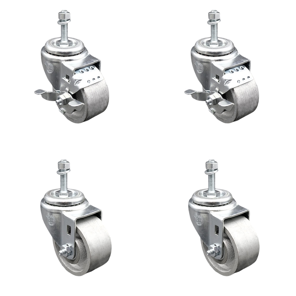 SCC-TS20S314-SSS-381615-2-TLB-2 Semi Steel Cast Iron Swivel Threaded Stem Caster with 3 x 1.25 in. Silver Wheels & 0.38 in. Stems - Set of 4