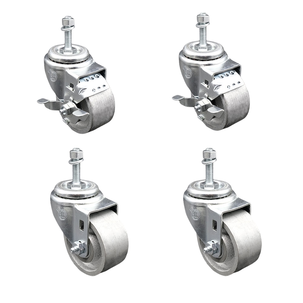 SCC-TS20S314-SSS-M1015-2-TLB-2 Semi Steel Cast Iron Swivel Threaded Stem Caster with 3 x 1.25 in. Silver Wheels & 10 mm Stems - Set of 4