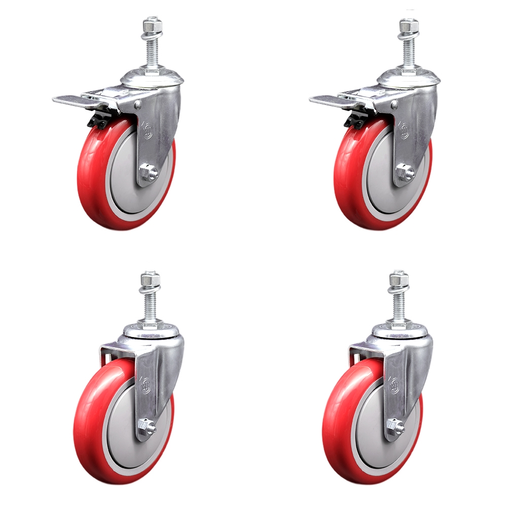 Stainless Steel Polyurethane Swivel Threaded Stem Caster with 5 x 1.25 in. Red Wheels & 0.38 in. Stems - Set of 4