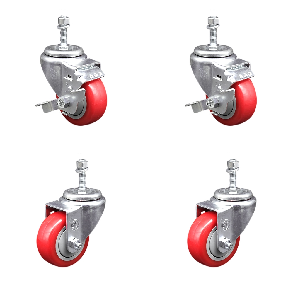Stainless Steel Polyurethane Swivel Threaded Stem Caster with 3.5 x 1.25 in. Red Wheels & 10 mm Stems - Set of 4