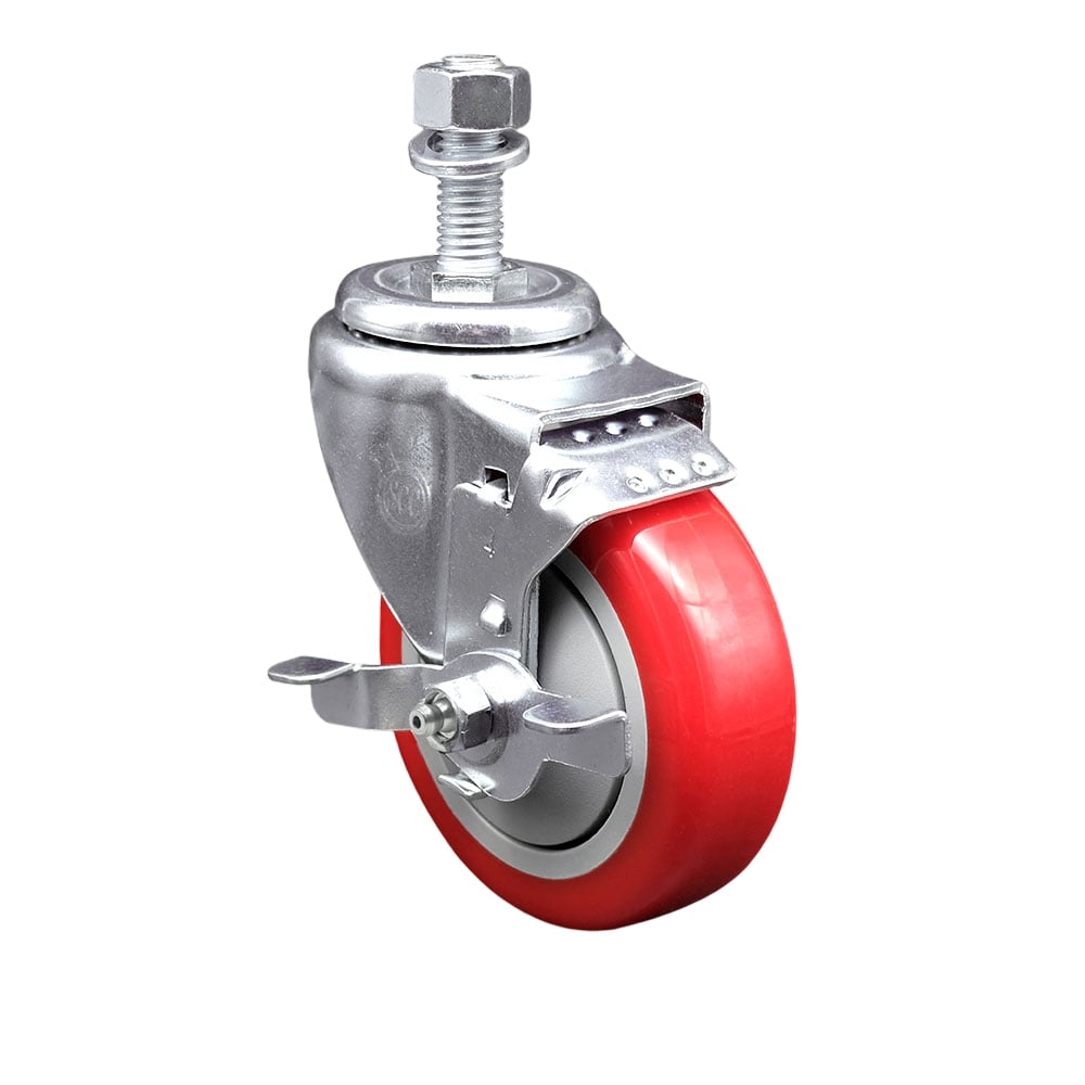 SCC-TS20S414-PPUB-RED-TLB-M1215 Polyurethane Swivel Threaded Stem Caster with 4 x 1.25 in. Red Wheel & 12 mm Stem & Top Locking Brake