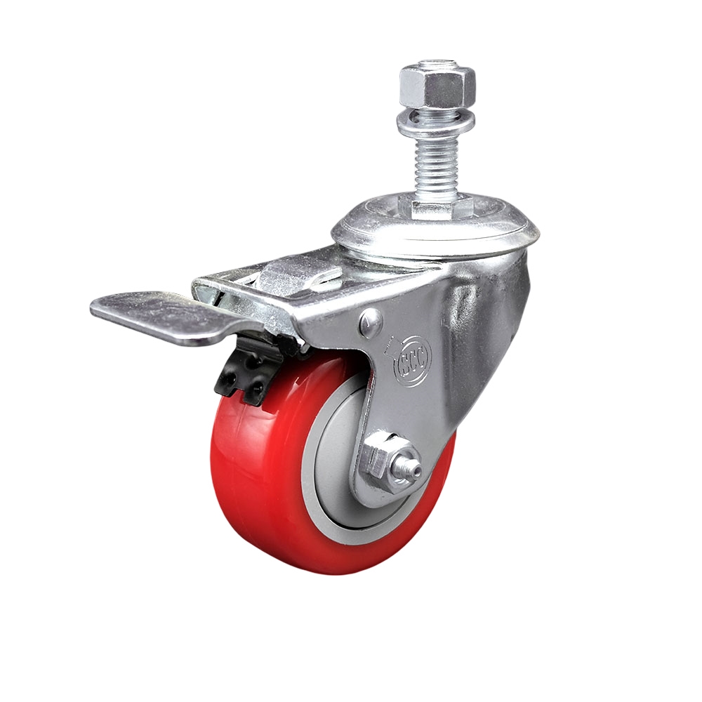 Stainless Steel Polyurethane Swivel Threaded Stem Caster with 3 x 1.25 in. Red Wheel & 12 mm Stem & Total Locking Brake