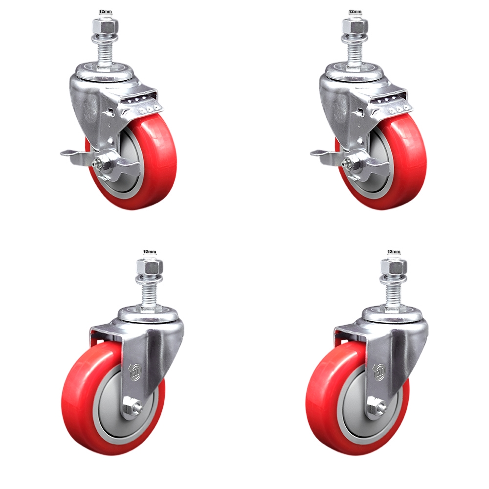 Stainless Steel Polyurethane Swivel Threaded Stem Caster with 4 x 1.25 in. Red Wheels & 12 mm Stems - Set of 4