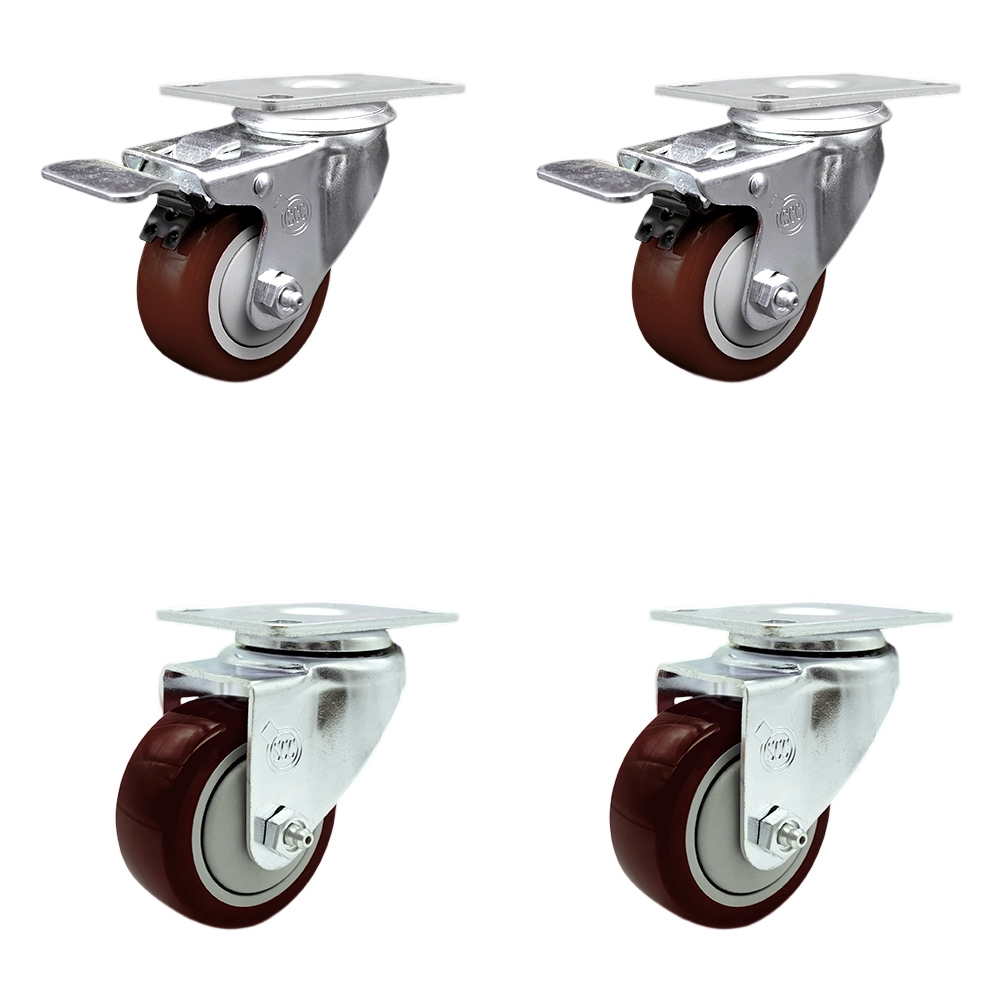 SCC-SSTTL20S3514-PPUB-MRN-2-S-2 Stainless Steel Polyurethane Swivel Top Plate Caster with 3.5 x 1.25 in. Maroon Wheels - Set of 4